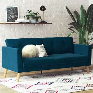 Dreisitzer Couch in Blau Fußgestell aus Holz