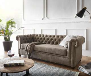 DELIFE Sofa Chesterfield 200x88 Taupe Wildlederoptik 3-Sitzer Couch, Chesterfields