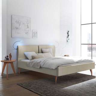 Doppel Bett Stoff Beige im Skandi Design Vierfußgestell aus Holz