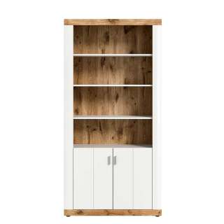 Bücherschrank in Weiß und Wildeichefarben 206 cm hoch - 101 cm breit